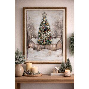 Designs By Betty Jewelry Art Christmas Tree Cabin Scene 14" X 17" Logo Signed